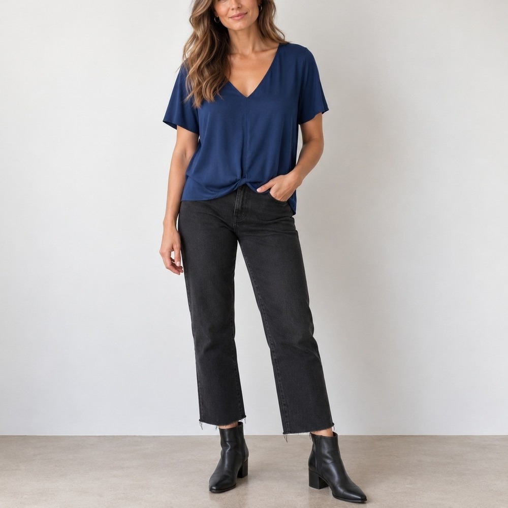 Club Monaco Navy Satin Twist Front V-Neck Mixed Media Top | Size M
